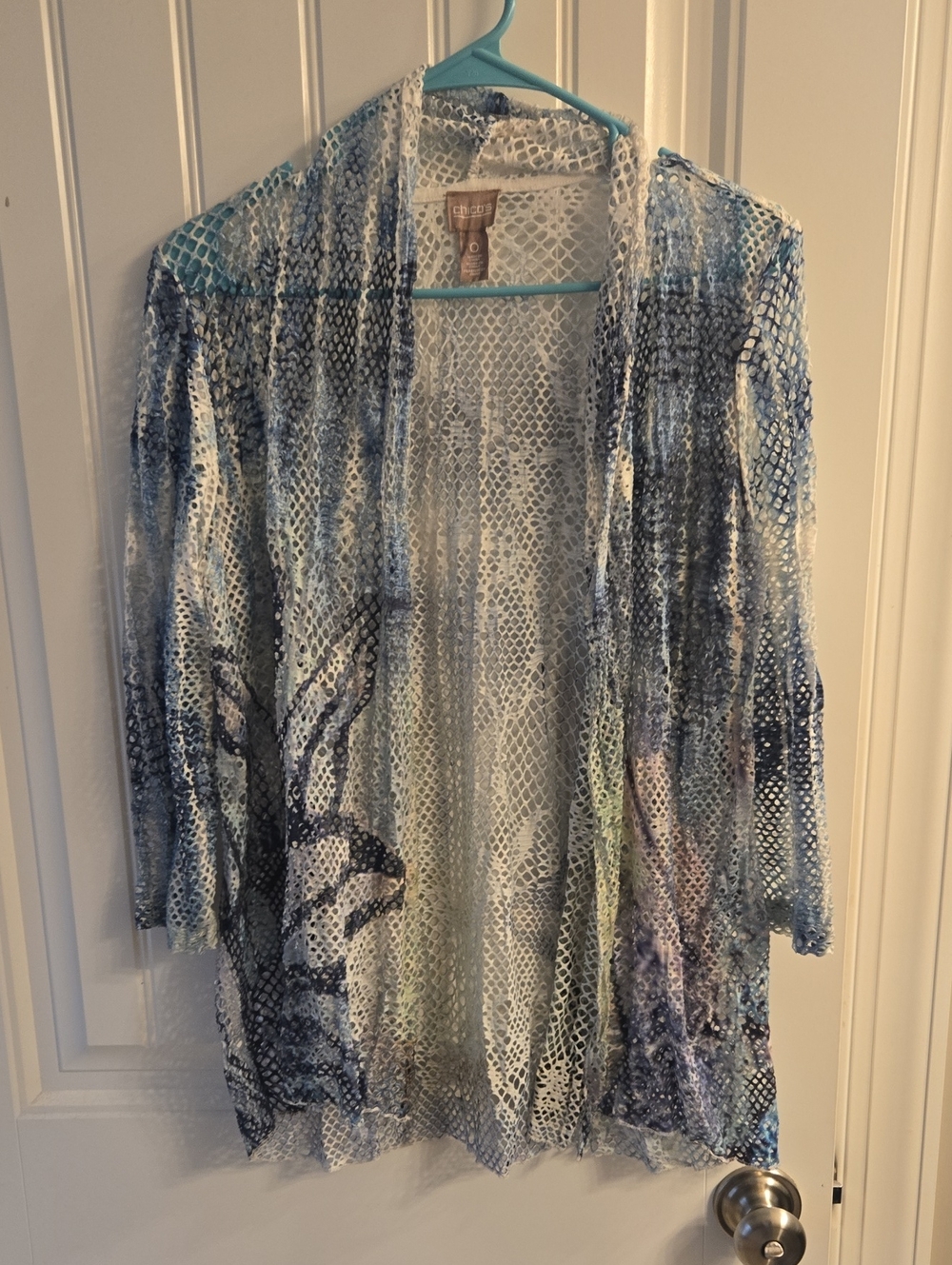 Chico's Open-Front Watercolor Knit Cardigan - Blue & White